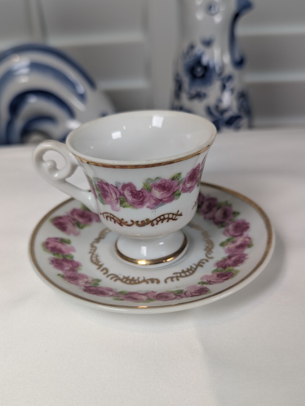 Small Adorable Porcelain Rose Gold-Trim Teacup & Saucer Set